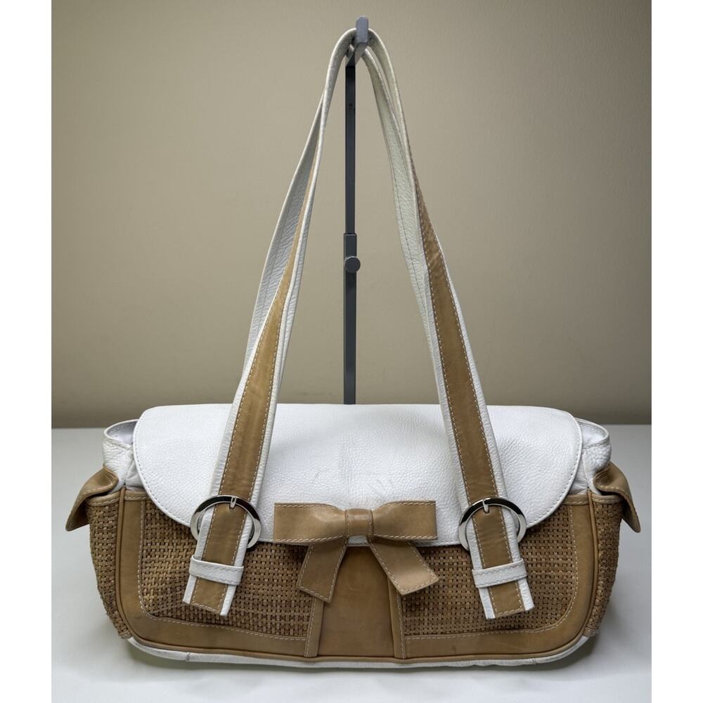 Fiori Shoulder Bag White Beige Pebbled Woven Leather Bow Accent Dual Handle Bag